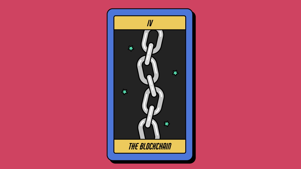 A picture of a chain on a phone, words spell "the blockchain"A picture of a chain on a phone, words spell "the blockchain"