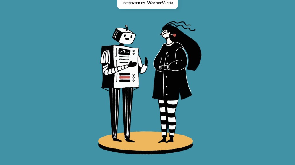 illustration of a robot and woman talking, sponsored by WarnerMedia