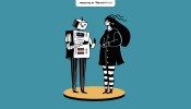 illustration of a robot and woman talking, sponsored by WarnerMedia