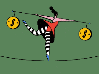 illustration of a girl balancing spinning coins on a tightrope