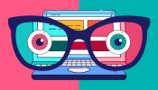 illustration of glasses with eyes in front of a laptop