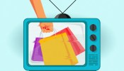 person holding shopping bags on a tv screen. representing retail media and ctv.