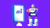 Robot looking at data. representing data being looked at in data clean rooms.