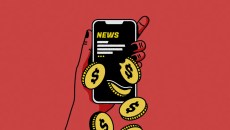 a graphic image of a hand holding a phone that shows a news publication with money coming out of the phone. Representing advertising in news publications.