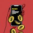 a graphic image of a hand holding a phone that shows a news publication with money coming out of the phone. Representing advertising in news publications.