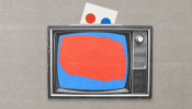 A tv with a 'ballot' going in from the top. The screen is blue and red representing the democratic and republican parties. The image represents political advertising using CTV, contextual and geo targeting.