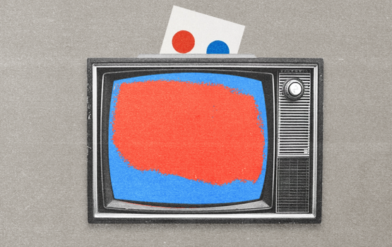 A tv with a 'ballot' going in from the top. The screen is blue and red representing the democratic and republican parties. The image represents political advertising using CTV, contextual and geo targeting.