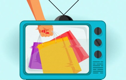 A stylized illustration of a retro TV screen displaying a hand holding colorful shopping bags, symbolizing the connection between CTV advertising, retail media, and consumer purchase data.