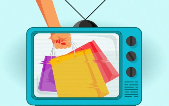 A stylized illustration of a retro TV screen displaying a hand holding colorful shopping bags, symbolizing the connection between CTV advertising, retail media, and consumer purchase data.
