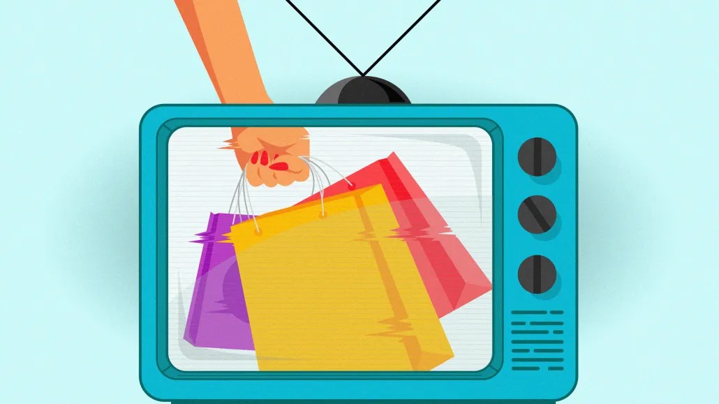 A stylized illustration of a retro TV screen displaying a hand holding colorful shopping bags, symbolizing the connection between CTV advertising, retail media, and consumer purchase data.