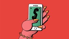 Illustration of a smartphone displaying a dollar sign, held by a stylized hand with detailed nails, set against a red background—representing the economic opportunities and challenges of mobile commerce in the digital advertising landscape.