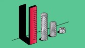 An illustration of a red ruler standing upright next to stacks of coins increasing in height from right to left, symbolizing growth and measurement. The background is green with a simple, minimalist design.