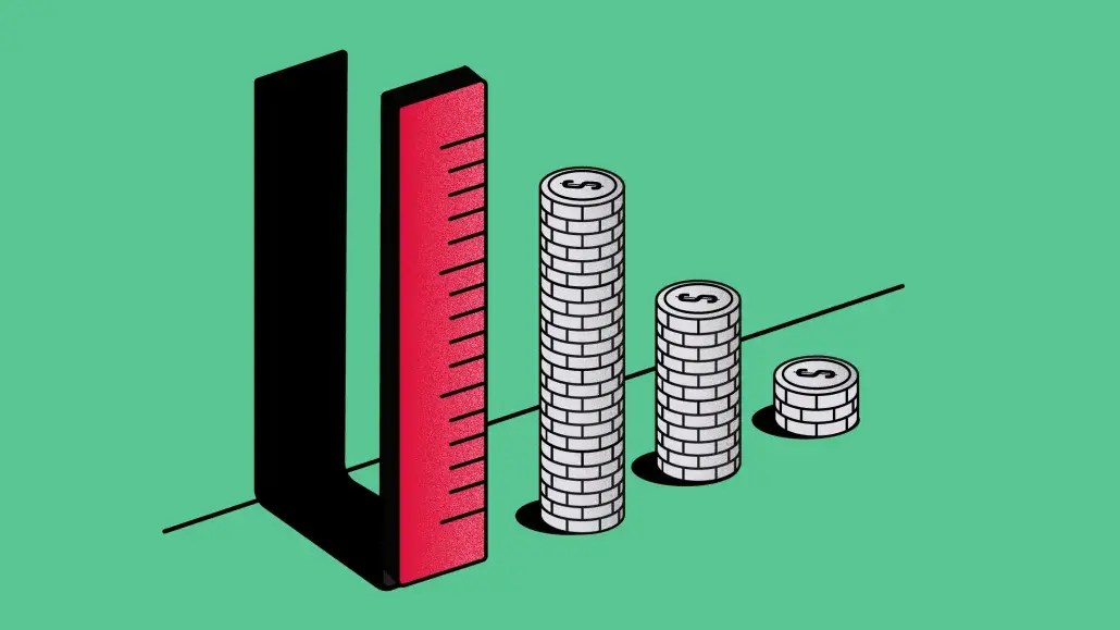 An illustration of a red ruler standing upright next to stacks of coins increasing in height from right to left, symbolizing growth and measurement. The background is green with a simple, minimalist design.