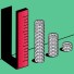 An illustration of a red ruler standing upright next to stacks of coins increasing in height from right to left, symbolizing growth and measurement. The background is green with a simple, minimalist design.