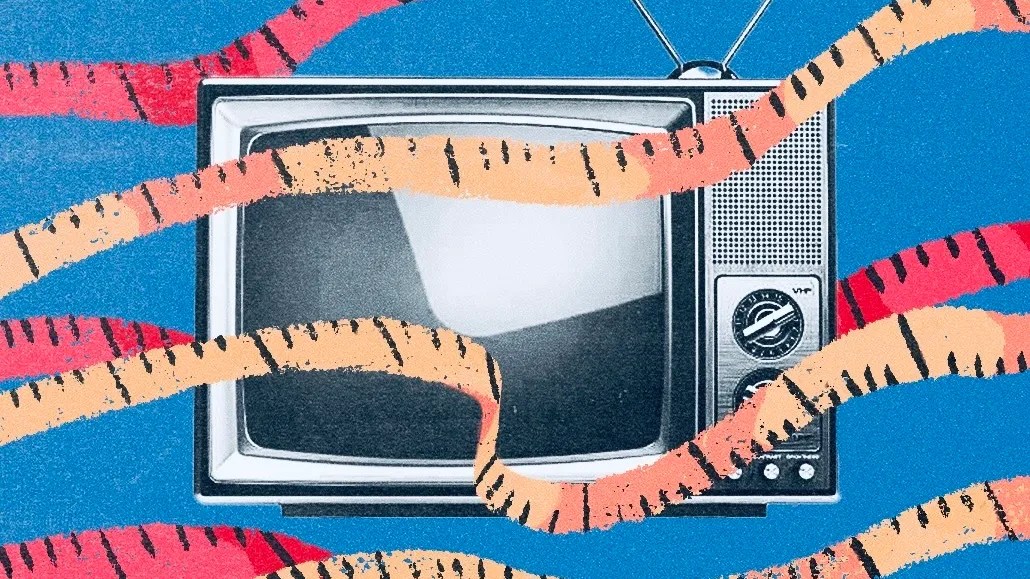 A television wrapped in measuring tape, symbolizing the challenges of efficiency and measurement in TV advertising.