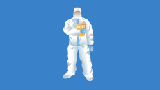 A man in a hazmat suit holding a book labeled "Data," symbolizing the secure and meticulous handling of data in commerce media networks through clean rooms.