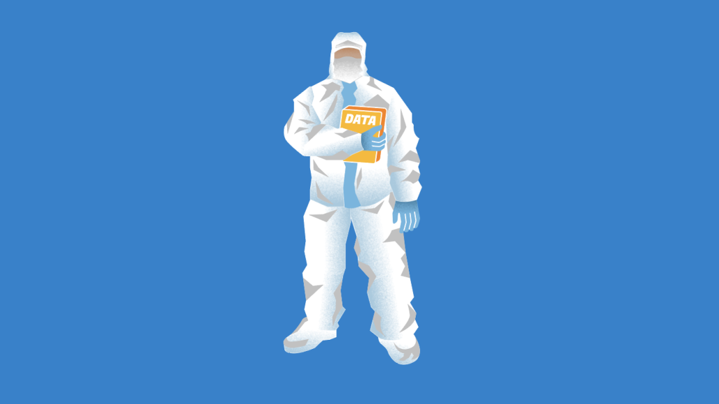 A man in a hazmat suit holding a book labeled "Data," symbolizing the secure and meticulous handling of data in commerce media networks through clean rooms.