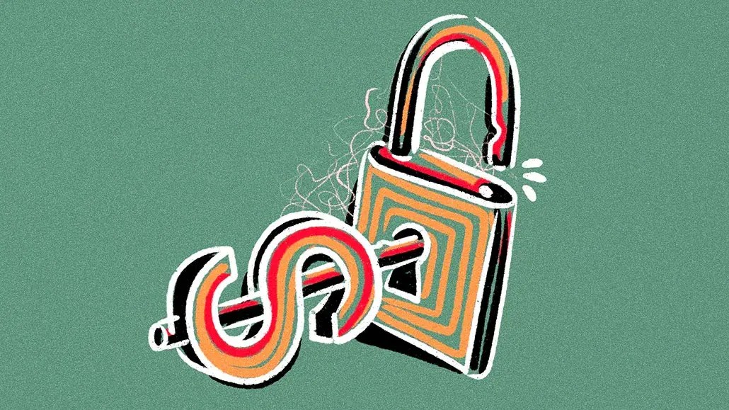 Graphic of a dollar sign-shaped key unlocking a lock, symbolizing the key to unlocking successful performance marketing through the seven stages of development