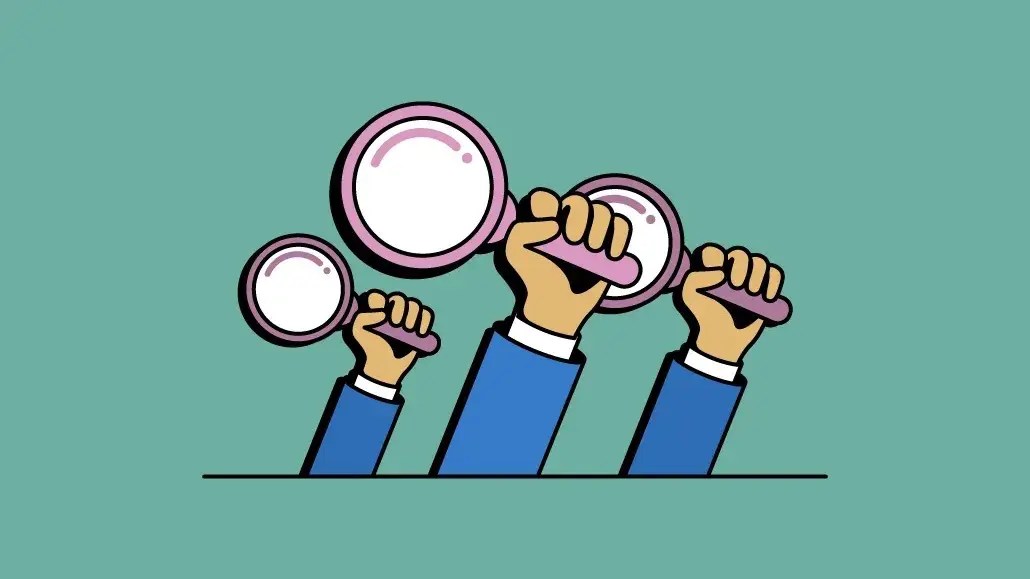 Graphic of three arms holding magnifying glasses, symbolizing the deep dive into marketing strategies for achieving relevancy at scale.