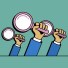 Graphic of three arms holding magnifying glasses, symbolizing the deep dive into marketing strategies for achieving relevancy at scale.