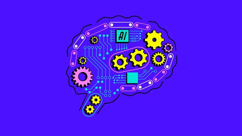 AI-powered mechanical brain with gears and wheels, symbolizing the fusion of artificial intelligence and human emotion in creative advertising.