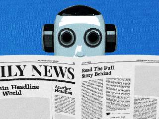 GIF of a robot reading a newspaper, symbolizing deep learning’s role in analyzing data and transforming advertising strategies
