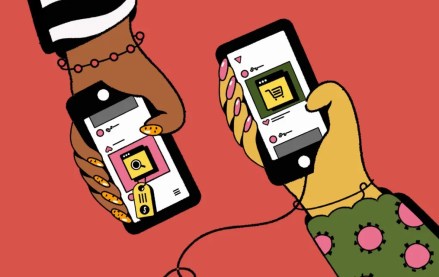 Graphic on a red background showing two hands holding smartphones with shopping cart icons, symbolizing retail media networks harnessing B2B and B2C data to drive consumer shopping.