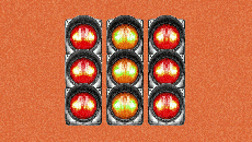GIF of three traffic lights blinking in different orders, symbolizing real-time traffic shaping and optimization in programmatic advertising