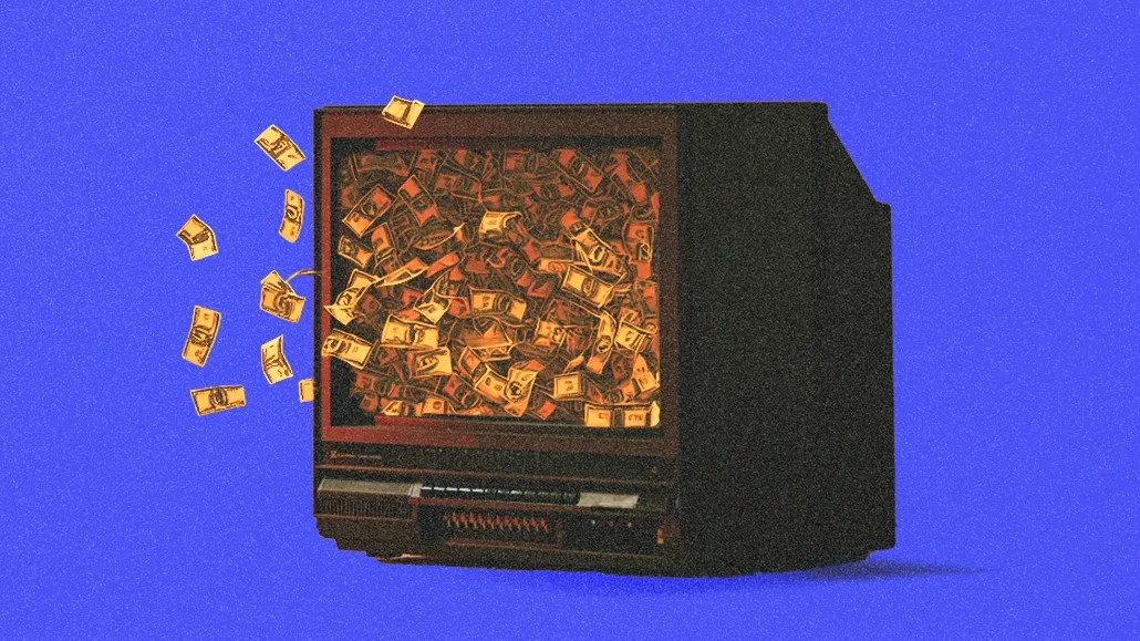 graphic image of a television (TV) with bills of money flying out of it, representing CTV advertising being an effective form of advertising for brands, publishers and consumers.