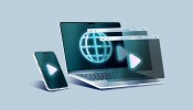 Illustration of a smartphone and laptop displaying browser windows and play buttons, symbolizing a digital content strategy across platforms.