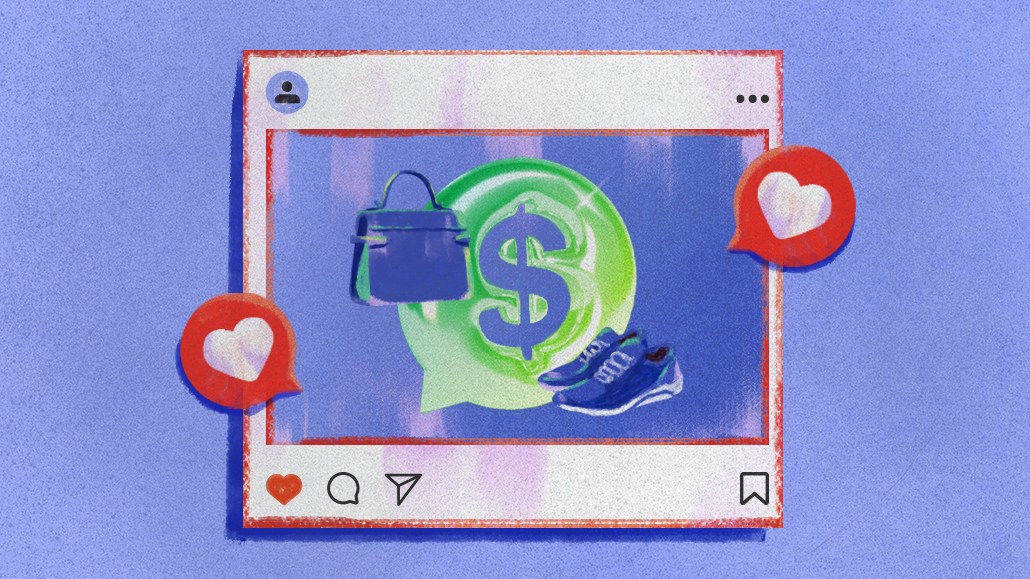 Illustration of a social media post with hearts, showing a chat bubble with a dollar sign, purse, and shoe, representing how creators use automated marketing tools to monetize content.