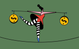 Illustration of a performer balancing money weights on a tightrope, symbolizing how brand safety tools help marketers maintain performance and control.