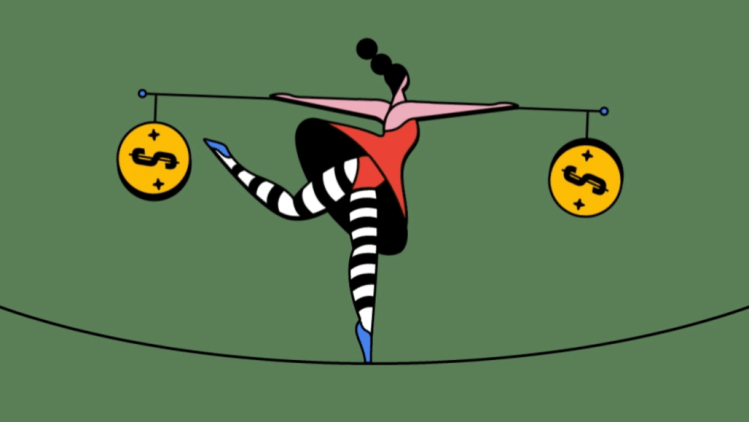 Illustration of a performer balancing money weights on a tightrope, symbolizing how brand safety tools help marketers maintain performance and control.