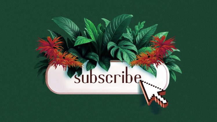 A subscribe button surrounded by lush green and red tropical plants, symbolizing how publishers cultivate and grow loyalty among their subscribers