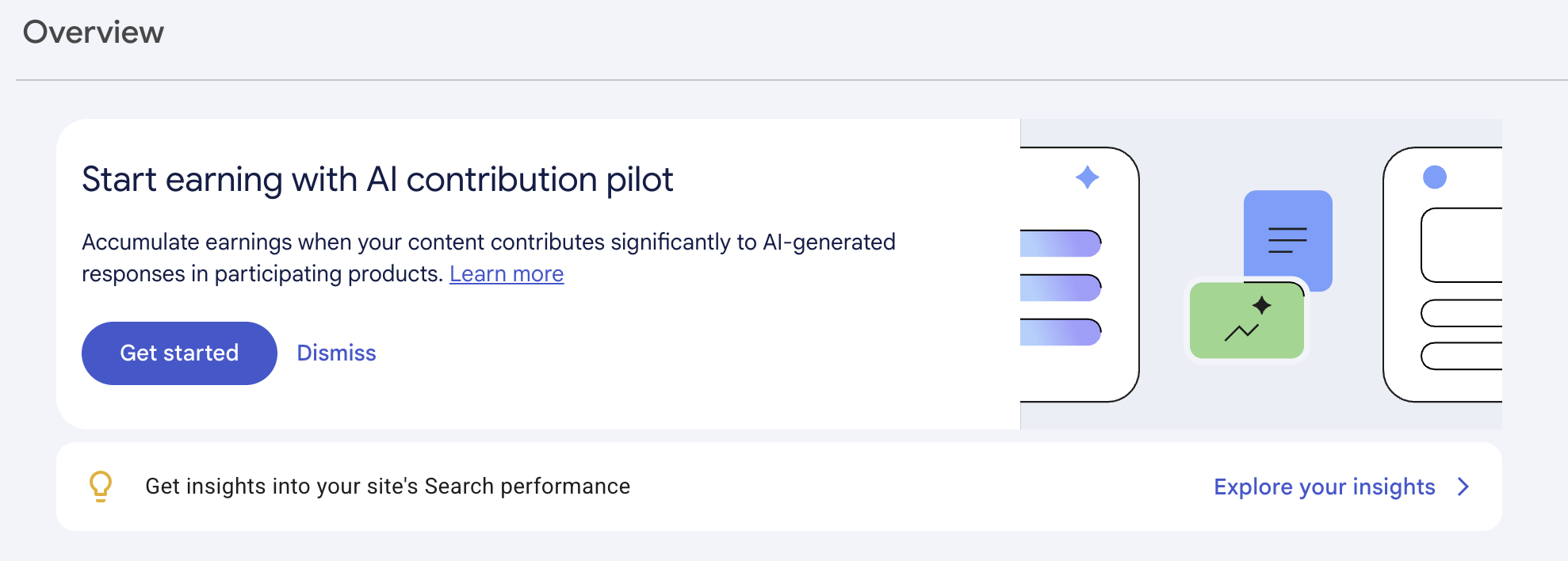 Tela do Search Console com o convite Start earning with AI contribution pilot