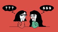 The lead image shows two women discussing money