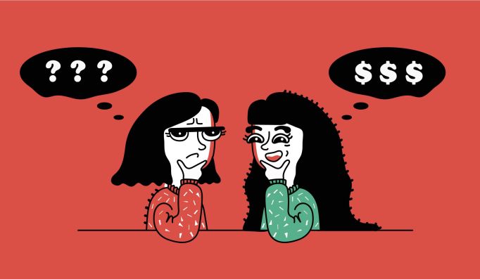 The lead image shows two women discussing money