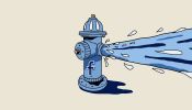 Illustration of a blue fire hydrant spraying water.