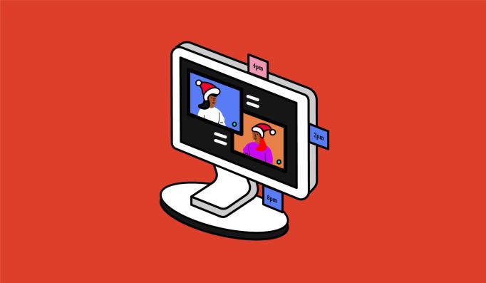 Illustration of two people in Christmas hats having a conversation on a computer.