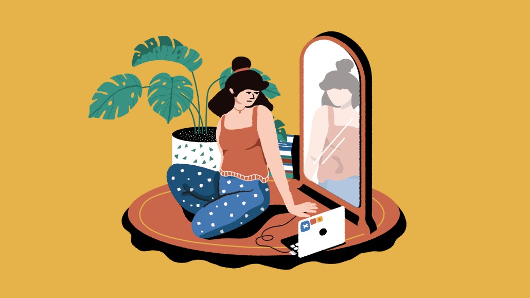Illustration of woman sitting in front of a mirror with her laptop.