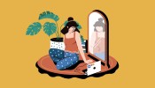 Illustration of woman sitting in front of a mirror with her laptop.