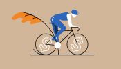 Illustration of a person on a bicycle with dollar signs as the spokes.
