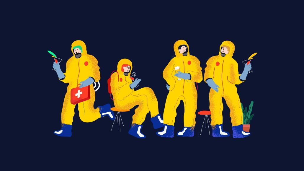 The header image features an illustration of four people in hazmat suits.