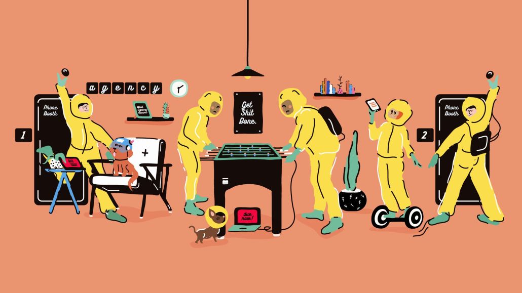 The lead image shows people in hazmat suits having fun together in a rec room.