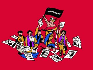 The header image shows an illustration of a person holding a flag surrounded by a group of people and newspapers strewn below them.