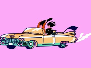 The header image shows an illustration of two women riding in a car.