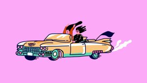 The header image shows an illustration of two women riding in a car.